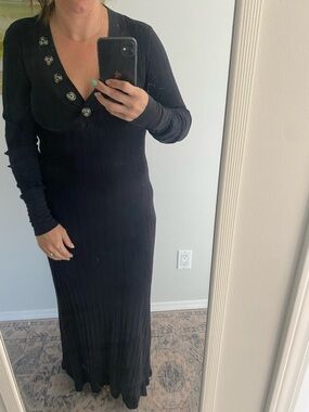 FP Black Ribbed Long Sleeve V‑Neck Maxi Dress